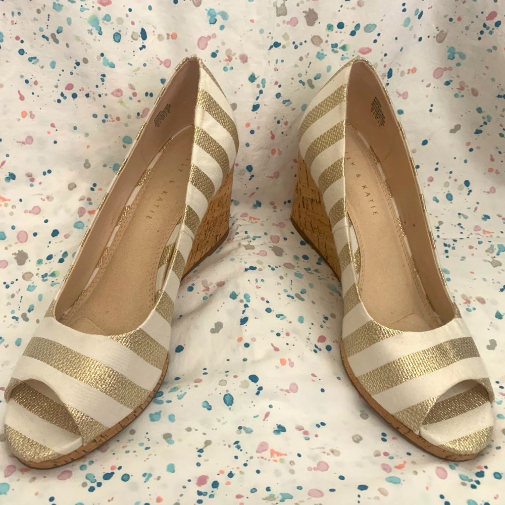 White & Gold OpenToe Cork Wedge Heels.Never Worn.